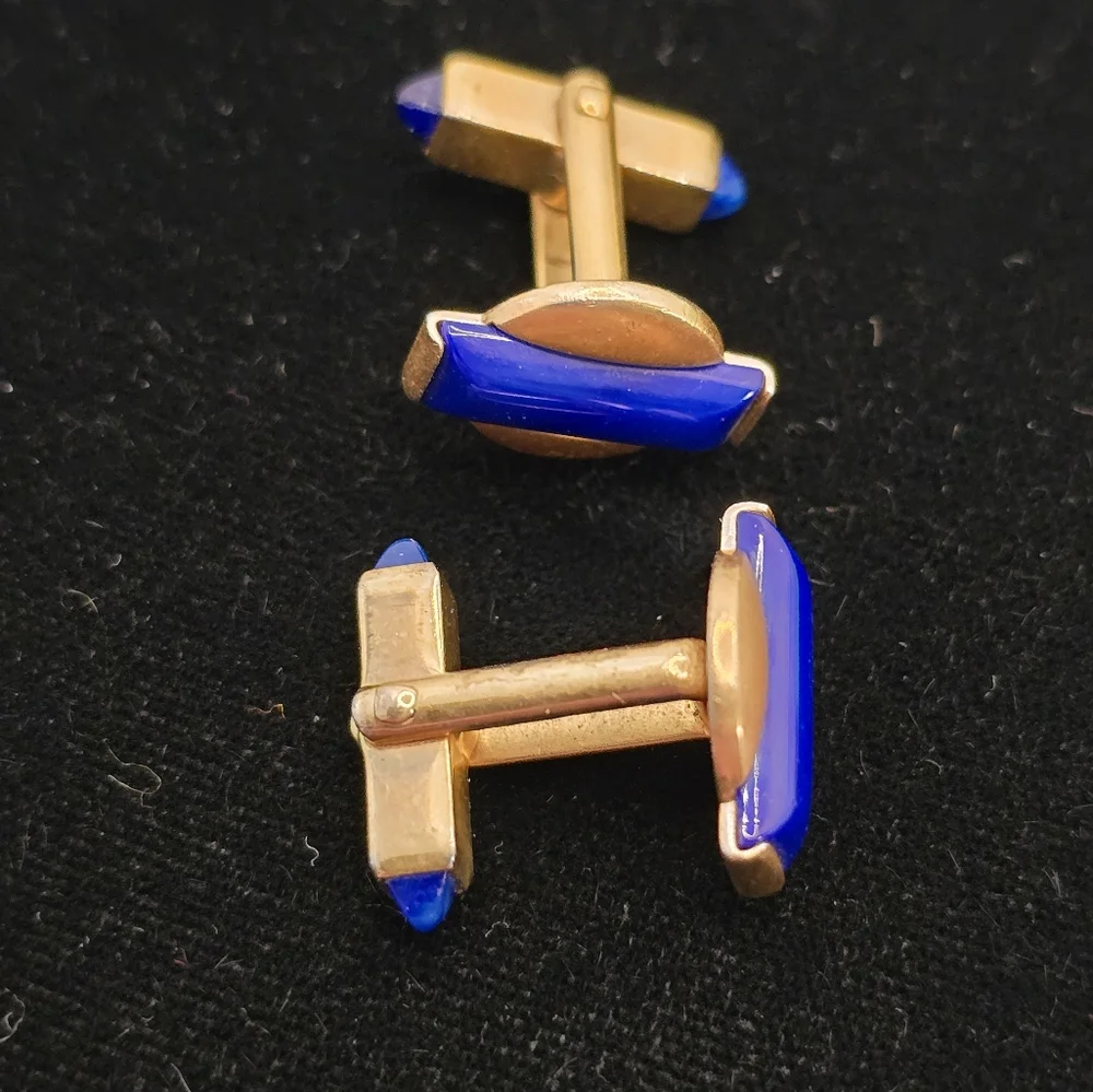 Swank Art Deco Blue Glass Gold Plated Cufflinks